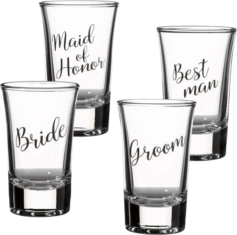 Lillian Rose Bride, Groom, Maid of Honor, and Best Man Shot Glass Set, Clear, 1.5oz